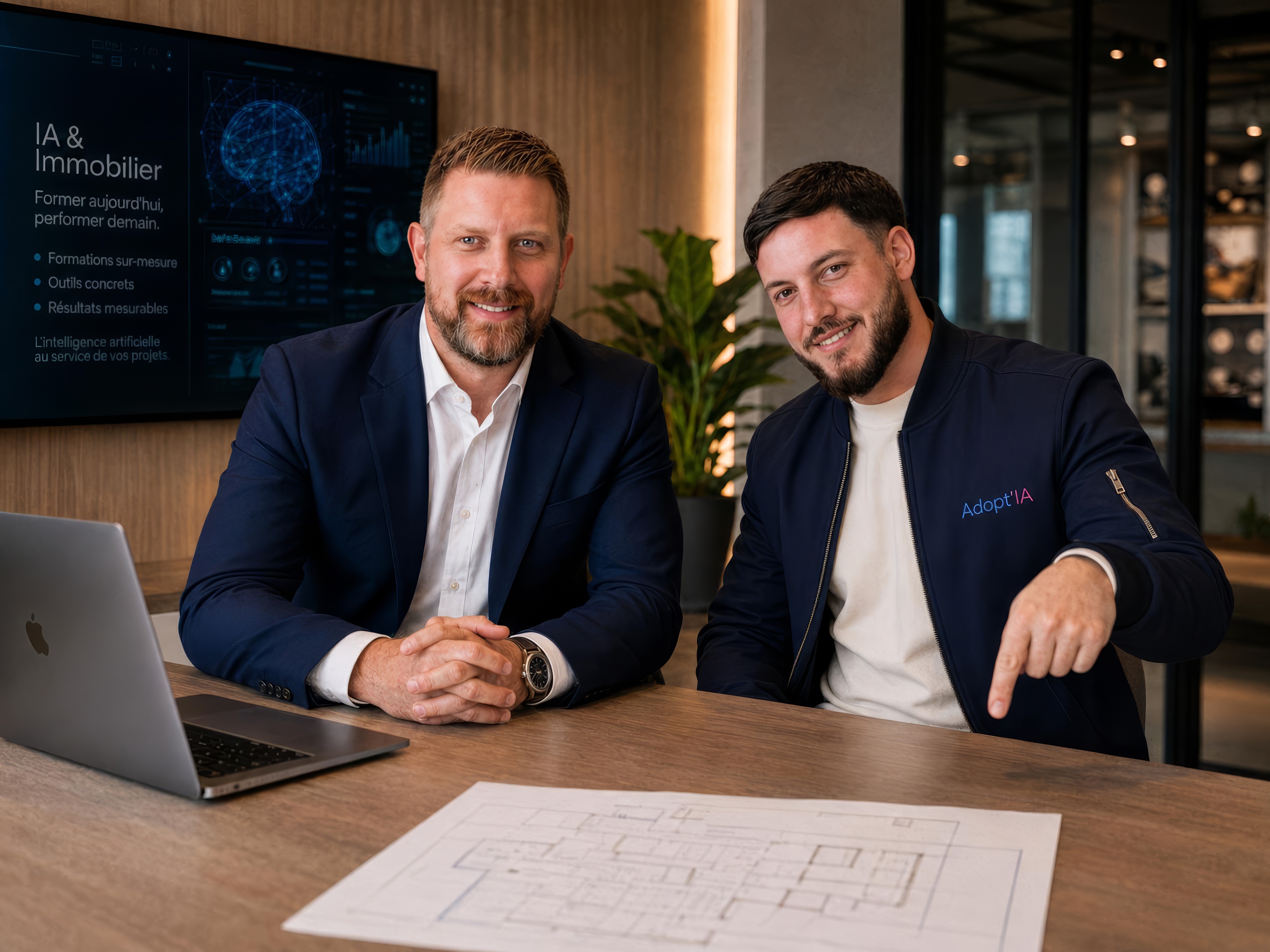 Maxime Nahoum et Siméon Fouassier, co-fondateurs Adopt'IA, en réunion de formation IA immobilier