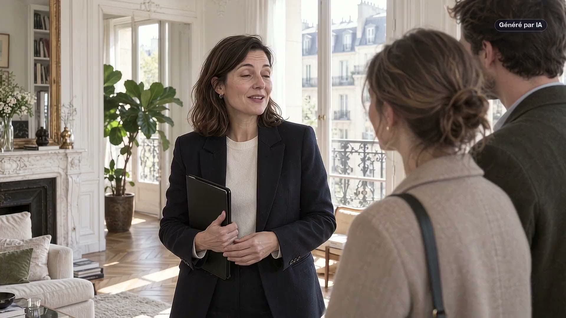 Vidéo d'illustration générée par intelligence artificielle : une journée d'agent immobilier ; les personnes et les lieux représentés sont fictifs